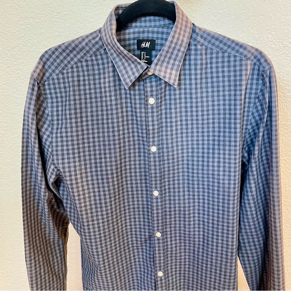 H&M Men’s Blue & Grey Gingham Check Long Sleeve Button Up Shirt - Medium - Picture 5 of 11